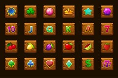 Ícones ajustados grandes do jogo para slots machines ou casino no quadrado de madeira Casino do jogo, entalhe, UI ?cones do vetor ilustração do vetor Ícones ajustados grandes do jogo para slots machines ou casino no quadrado de madeira Casino do jogo, entalhe, UI ?cones do vetor ilustração do vetor