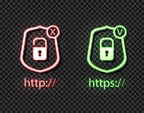 Ícones de néon do vetor: protocolos do HTTP e dos https com fechamento, símbolos brilhantes verdes e vermelhos, verificação e cru ilustração stock Ícones de néon do vetor: protocolos do HTTP e dos https com fechamento, símbolos brilhantes verdes e vermelhos, verificação e cru ilustração stock