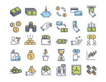 Ícones do dinheiro e da finança Vector pictograma finos do esboço com a cor lisa relativa com pagamento, finanças e economia ilustração do vetor Ícones do dinheiro e da finança Vector pictograma finos do esboço com a cor lisa relativa com pagamento, finanças e economia ilustração do vetor