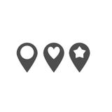 Ícones do ponteiro do mapa com estrela, círculo, formas do coração dentro de lugar de significado ajustado isolado no branco ilustração royalty free Ícones do ponteiro do mapa com estrela, círculo, formas do coração dentro de lugar de significado ajustado isolado no branco ilustração royalty free
