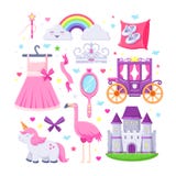 Ícones pequenos do rosa da princesa ajustados Vector a ilustração do unicórnio, castelo, coroa, flamingo, meninas vestem-se, arco ilustração stock Ícones pequenos do rosa da princesa ajustados Vector a ilustração do unicórnio, castelo, coroa, flamingo, meninas vestem-se, arco ilustração stock