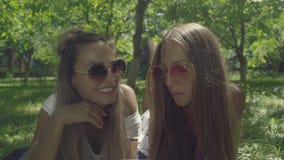 Δύο όμορφες νέες γυναίκες στα γυαλιά ηλίου είναι ψέμα στην πράσινη χλόη απόθεμα βίντεο Δύο όμορφες νέες γυναίκες στα γυαλιά ηλίου είναι ψέμα στην πράσινη χλόη απόθεμα βίντεο