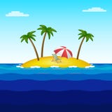 ?le de Paradise au milieu de l'oc?an avec trois palmiers, une chaise longue et un parapluie illustration stock ?le de Paradise au milieu de l'oc?an avec trois palmiers, une chaise longue et un parapluie illustration stock
