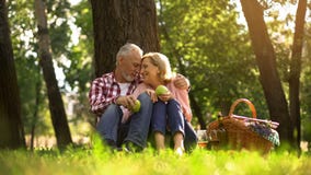 Εξαιρετικά ευτυχές παλαιό ζεύγος που στηρίζεται στη χλόη, που κρατά τα μήλα και που αγκαλιάζει, πικ-νίκ στοκ εικόνα Εξαιρετικά ευτυχές παλαιό ζεύγος που στηρίζεται στη χλόη, που κρατά τα μήλα και που αγκαλιάζει, πικ-νίκ στοκ εικόνα