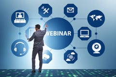 Ο επιχειρηματίας στη σε απευθείας σύνδεση webinar έννοια διανυσματική απεικόνιση Ο επιχειρηματίας στη σε απευθείας σύνδεση webinar έννοια διανυσματική απεικόνιση