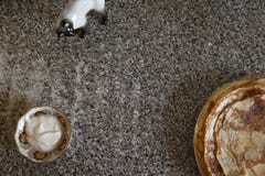 Οι τηγανίτες τυριών με την ξινή κρέμα επάνω ο πίνακας και ένα άγαλμα πορσελάνης γατών στοκ εικόνες με δικαίωμα ελεύθερης χρήσης Οι τηγανίτες τυριών με την ξινή κρέμα επάνω ο πίνακας και ένα άγαλμα πορσελάνης γατών στοκ εικόνες με δικαίωμα ελεύθερης χρήσης