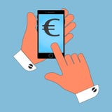 Τηλεφωνικό εικονίδιο στο χέρι, με το ευρο- σύμβολο στην οθόνη, απομόνωση σε ένα μπλε υπόβαθρο διανυσματική απεικόνιση Τηλεφωνικό εικονίδιο στο χέρι, με το ευρο- σύμβολο στην οθόνη, απομόνωση σε ένα μπλε υπόβαθρο διανυσματική απεικόνιση