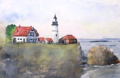 Φάρος τοπίων Watercolor στο ηλιοβασίλεμα διανυσματική απεικόνιση Φάρος τοπίων Watercolor στο ηλιοβασίλεμα διανυσματική απεικόνιση
