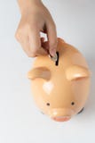 Χέρι γυναικών που βάζει το νόμισμα στη piggy τράπεζα στοκ εικόνα με δικαίωμα ελεύθερης χρήσης Χέρι γυναικών που βάζει το νόμισμα στη piggy τράπεζα στοκ εικόνα με δικαίωμα ελεύθερης χρήσης