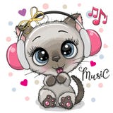 Девушка кота мультфильма с наушниками на белой предпосылке иллюстрация штока Девушка кота мультфильма с наушниками на белой предпосылке иллюстрация штока