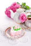 Сake with roses and cup of tea stock photos Сake with roses and cup of tea stock photos