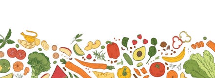 Горизонтальный фон с границей состоял из свежих натуральных продуктов Шаблон знамени со зрелым вкусного eco полезное иллюстрация вектора Горизонтальный фон с границей состоял из свежих натуральных продуктов Шаблон знамени со зрелым вкусного eco полезное иллюстрация вектора
