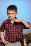 Грустный мальчик в пижамах не силен для того чтобы почистить его зубы щеткой перед идти спать на голубой предпосылке стоковое фото rf Грустный мальчик в пижамах не силен для того чтобы почистить его зубы щеткой перед идти спать на голубой предпосылке стоковое фото rf