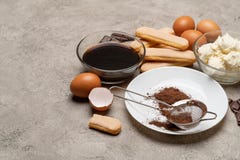 Ингредиенты для варить тирамису - печенья, mascarpone, сливк, сахар, какао, кофе и яйцо печенья Savoiardi стоковая фотография Ингредиенты для варить тирамису - печенья, mascarpone, сливк, сахар, какао, кофе и яйцо печенья Savoiardi стоковая фотография