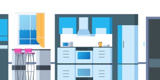 Интерьер мультфильма кухни Комната дома плоская с печью kitchenware холодильника таблицы обедая квартира Кухня вектора иллюстрация штока Интерьер мультфильма кухни Комната дома плоская с печью kitchenware холодильника таблицы обедая квартира Кухня вектора иллюстрация штока