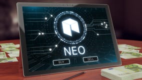 Нео логотип cryptocurrency на дисплее планшета ПК иллюстрация 3d иллюстрация вектора Нео логотип cryptocurrency на дисплее планшета ПК иллюстрация 3d иллюстрация вектора