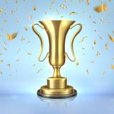 пожалование золотистое Реалистическая чашка чемпиона, шаблон дизайна трофея победителя 3D, концепция руководства с confetti Векто иллюстрация вектора пожалование золотистое Реалистическая чашка чемпиона, шаблон дизайна трофея победителя 3D, концепция руководства с confetti Векто иллюстрация вектора