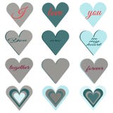 Set of hearts of different pastel colors and shapes. Text I love you, together forever, you are in my heart. vector illustration Set of hearts of different pastel colors and shapes. Text I love you, together forever, you are in my heart. vector illustration