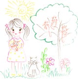 Illustration on the theme of children`s drawings girl with cats stock photo Illustration on the theme of children`s drawings girl with cats stock photo