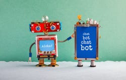 Плакат искусственного интеллекта Chatbot Ассистент робота творческого дизайна красные и устройство мобильного телефона со средств стоковое фото rf Плакат искусственного интеллекта Chatbot Ассистент робота творческого дизайна красные и устройство мобильного телефона со средств стоковое фото rf