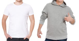 Шаблон футболки и фуфайки Люди в белой футболке и в серое hoody Вид спереди Насмешка вверх изолированная на белой предпосылке экз стоковые фотографии rf Шаблон футболки и фуфайки Люди в белой футболке и в серое hoody Вид спереди Насмешка вверх изолированная на белой предпосылке экз стоковые фотографии rf