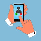 Телефон значка в его руке на экране оператора, источнике, изоляции на голубой предпосылке Стильная иллюстрация вектора иллюстрация вектора Телефон значка в его руке на экране оператора, источнике, изоляции на голубой предпосылке Стильная иллюстрация вектора иллюстрация вектора