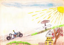 Характер Neznayka Storybook на автомобиле, идя гористый Желтое солнце, голубое небо, небольшой дом, дорога поет сынок отца чертеж иллюстрация штока Характер Neznayka Storybook на автомобиле, идя гористый Желтое солнце, голубое небо, небольшой дом, дорога поет сынок отца чертеж иллюстрация штока