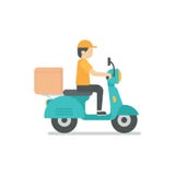 Работник доставляющий покупки на дом ехать голубая иллюстрация скутера иллюстрация вектора Работник доставляющий покупки на дом ехать голубая иллюстрация скутера иллюстрация вектора