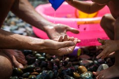 Руки взрослого и ребенка играя на Pebble Beach стоковые фотографии rf Руки взрослого и ребенка играя на Pebble Beach стоковые фотографии rf