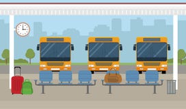 Ônibus e área de espera no fundo da cidade ilustração do vetor Ônibus e área de espera no fundo da cidade ilustração do vetor