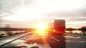 Ônibus vermelho na estrada, estrada do turista Condução muito rápida Conceito turístico e do curso Animação 4K realística filme Ônibus vermelho na estrada, estrada do turista Condução muito rápida Conceito turístico e do curso Animação 4K realística filme