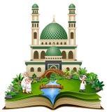 Öppna boken med den lyckliga muslimfamiljen som framme hälsar av en moské stock illustrationer Öppna boken med den lyckliga muslimfamiljen som framme hälsar av en moské stock illustrationer