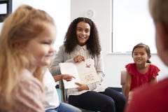 Över skuldrasikten av lärarinnan som visar en bild i en bok till en grupp av dagisbarn som sitter på stolar i en classr royaltyfria foton Över skuldrasikten av lärarinnan som visar en bild i en bok till en grupp av dagisbarn som sitter på stolar i en classr royaltyfria foton