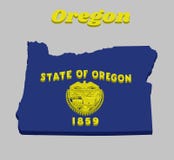översikt för översikt 3D och flagga av Oregon, skyddsremsa av Oregon i guld på ett azurt fält Ovanför skyddsremsan textstaten av royaltyfri illustrationer översikt för översikt 3D och flagga av Oregon, skyddsremsa av Oregon i guld på ett azurt fält Ovanför skyddsremsan textstaten av royaltyfri illustrationer