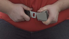 Überladener Mann, der versucht, Sicherheitsgurt auf enormem Bauch, Komfort zu befestigen im Flugzeug stock footage Überladener Mann, der versucht, Sicherheitsgurt auf enormem Bauch, Komfort zu befestigen im Flugzeug stock footage
