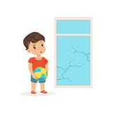 Śliczna mała łobuz chłopiec rozbijał okno z piłką, bandziora rozochocony małe dziecko, zła dziecka zachowania wektoru ilustracja ilustracja wektor Śliczna mała łobuz chłopiec rozbijał okno z piłką, bandziora rozochocony małe dziecko, zła dziecka zachowania wektoru ilustracja ilustracja wektor
