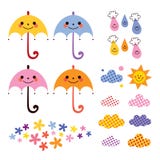 Śliczni parasoli raindrops kwitną chmura projekta elementy ustawiających ilustracja wektor Śliczni parasoli raindrops kwitną chmura projekta elementy ustawiających ilustracja wektor
