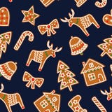 Śliczny Bezszwowy wzór z Bożenarodzeniowymi piernikowymi ciastkami - xmas drzewo, cukierek trzcina, dzwon, skarpeta, gwiazda, dom ilustracja wektor Śliczny Bezszwowy wzór z Bożenarodzeniowymi piernikowymi ciastkami - xmas drzewo, cukierek trzcina, dzwon, skarpeta, gwiazda, dom ilustracja wektor