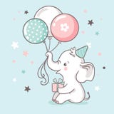 Śliczny biały dziecko słoń trzyma bagażnika balony Dziecko prysznic zaproszenia karta royalty ilustracja Śliczny biały dziecko słoń trzyma bagażnika balony Dziecko prysznic zaproszenia karta royalty ilustracja