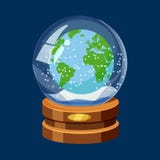 Śnieżna kula ziemska z Ziemską planetą, światowa mapa, śnieg, kreskówka styl, wektor, odizolowywający royalty ilustracja Śnieżna kula ziemska z Ziemską planetą, światowa mapa, śnieg, kreskówka styl, wektor, odizolowywający royalty ilustracja