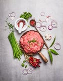 Świeży Minced mięso z zieloną podprawą i składniki dla smakowitego kucharstwa na szarość drylujemy tło zdjęcia royalty free Świeży Minced mięso z zieloną podprawą i składniki dla smakowitego kucharstwa na szarość drylujemy tło zdjęcia royalty free