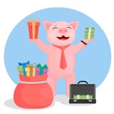 Świnia w krawacie w jeden ręce trzyma prezent w innej ręce plik pieniądze ilustracja wektor Świnia w krawacie w jeden ręce trzyma prezent w innej ręce plik pieniądze ilustracja wektor
