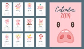 2019 świniowatych roku miesięcznika kalendarzy ilustracji 2019 świniowatych roku miesięcznika kalendarzy ilustracji
