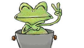 Żaba kumak chował wewnątrz garnek z symbolem miłości i pokoju ilustracja ilustracji Żaba kumak chował wewnątrz garnek z symbolem miłości i pokoju ilustracja ilustracji