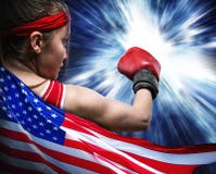 Żeński bokser w czerwonych rękawiczkach przeciw usa flaga zdjęcia royalty free Żeński bokser w czerwonych rękawiczkach przeciw usa flaga zdjęcia royalty free