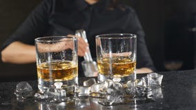 Życie nocne w klubie Żeńskiego barmanu narządzania alkoholiczni koktajle w wineglasses stawia sześciany lód w zwolnionym tempie l zbiory Życie nocne w klubie Żeńskiego barmanu narządzania alkoholiczni koktajle w wineglasses stawia sześciany lód w zwolnionym tempie l zbiory