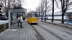 Żółty tramwajowy przyjeżdżać przy przerwą z pasażerami obraz stock Żółty tramwajowy przyjeżdżać przy przerwą z pasażerami obraz stock