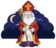 Άγιος Βασίλης (Sint) με το προσωπικό και το μεγάλο βιβλίο ονομάτων του Στοκ Εικόνες Άγιος Βασίλης (Sint) με το προσωπικό και το μεγάλο βιβλίο ονομάτων του Στοκ Εικόνες