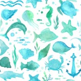 Άνευ ραφής σχέδιο ζωής watercolor υποβρύχιο διανυσματική απεικόνιση Άνευ ραφής σχέδιο ζωής watercolor υποβρύχιο διανυσματική απεικόνιση