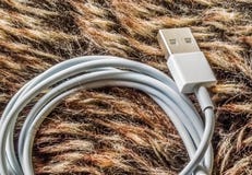 Άσπρο καλώδιο τηλεφωνικών υπολογιστών USB που κουλουριάζεται και που βάζει στο υπόβαθρο γουνών στοκ εικόνα Άσπρο καλώδιο τηλεφωνικών υπολογιστών USB που κουλουριάζεται και που βάζει στο υπόβαθρο γουνών στοκ εικόνα